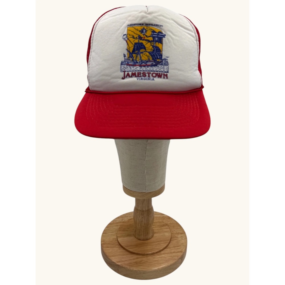 Vintage Jamestown Settlement Virginia Trucker Hat Speedway Red White Snapback